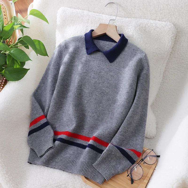 Turn-Down Collar  Unisex Style 100%  Merino Wool  Sweater Autumn And Winter  Pullover  Long Sleeve  Children's Clothing Tops view 6