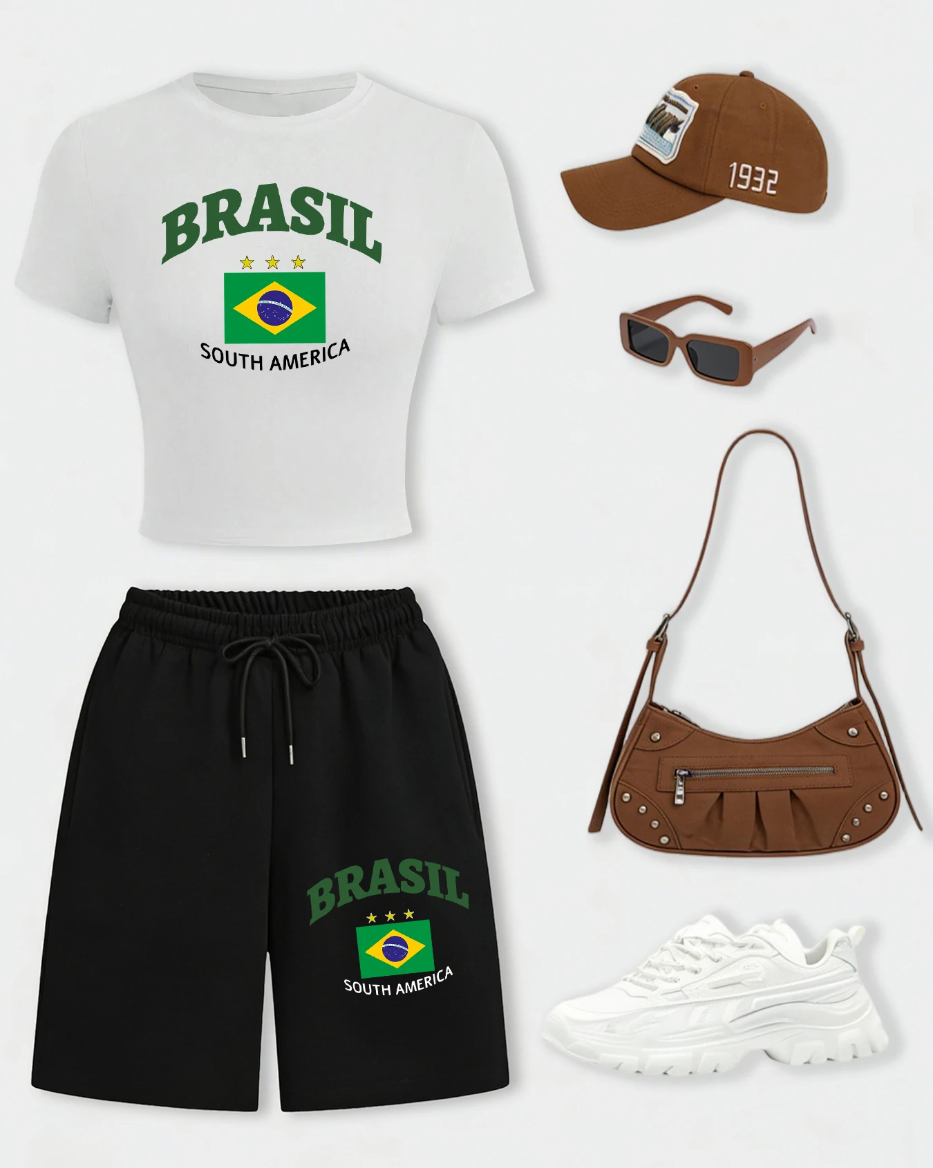 

Женский комплект: укороченная футболка с принтом флага города Бразилии (Южная Америка) и летние широкие шорты. Дышащая спортивная одежда из хлопка для спортзала.