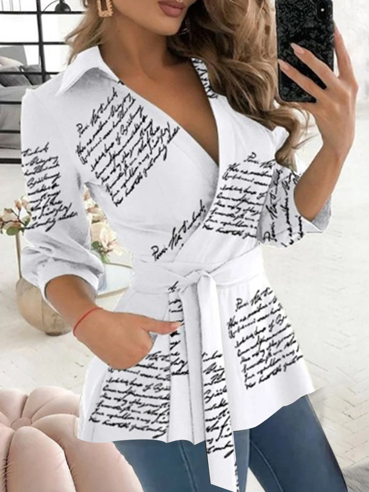 Autumn Long Sleeve Print Belt Shirt For Women New Sexy V-neck Slim Blouses And Tops 2023 Office Ladies Shirts Elegant Clothing