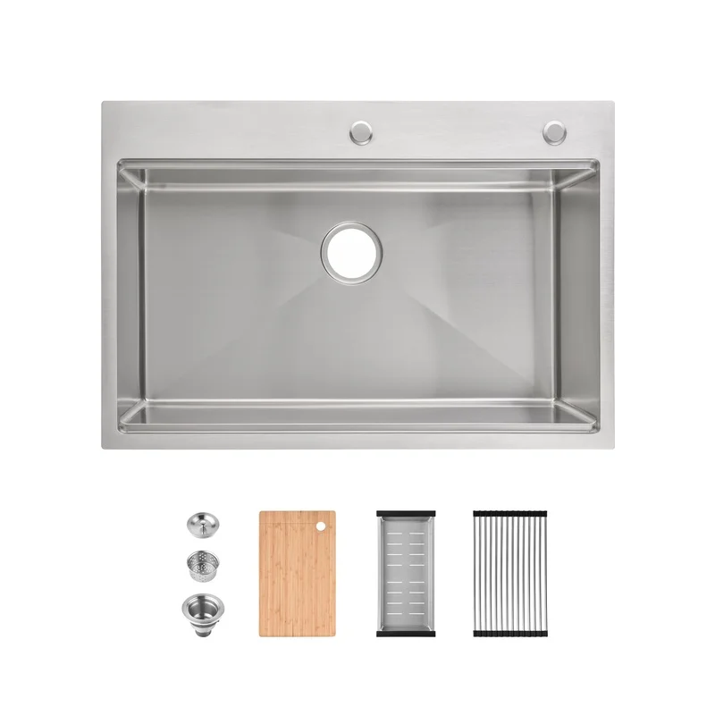 

Stainless Steel Single Bowl Kitchen Sink 33x22 Inch Overmount Brushed Finish with Cutting Board and Colander SS-BR01D-332208