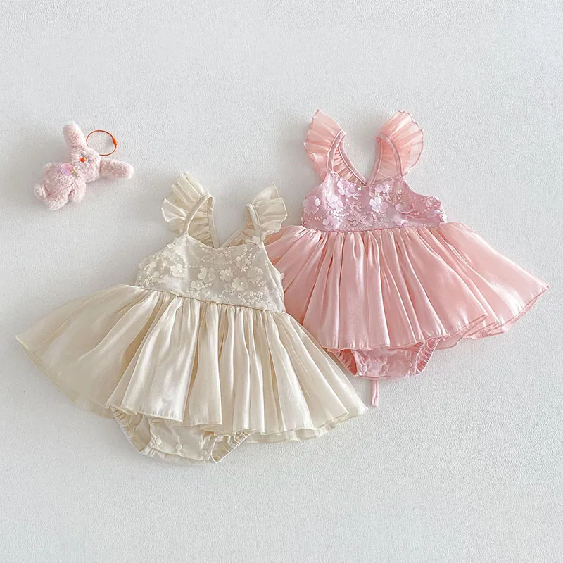 FINEPAT New Baby Bodysuit Sweet Glitter Flower Toddler Suspender Dress Summer Girls Lace Dress Infant One Piece 3-24M