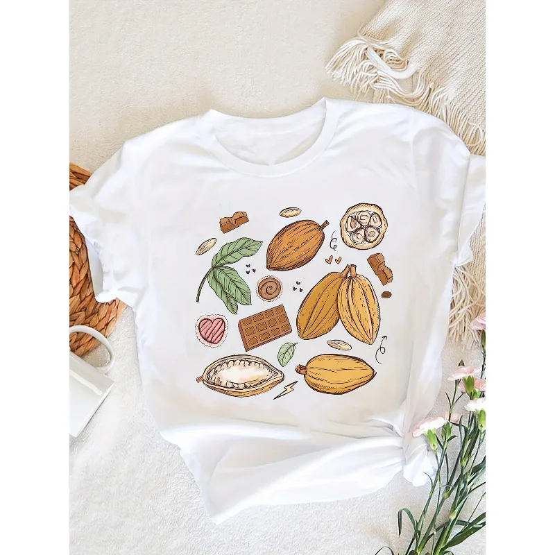 Camiseta Retro con estampado de frijoles de cacao y Chocolate para mujer, camiseta informal de moda, camiseta de manga corta con cuello redondo, Top cómodo y elegante