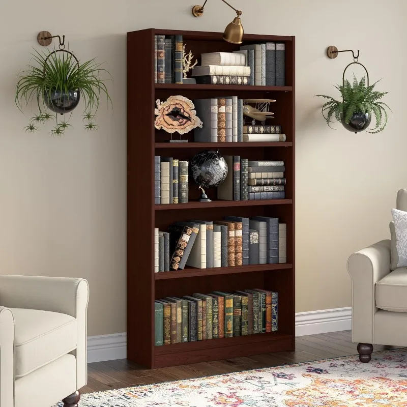 Universal Tall 5 Shelf Bookcase in Vogue Cherry, Vertical Storage and Display Bookshelf for Home Office or Living Room