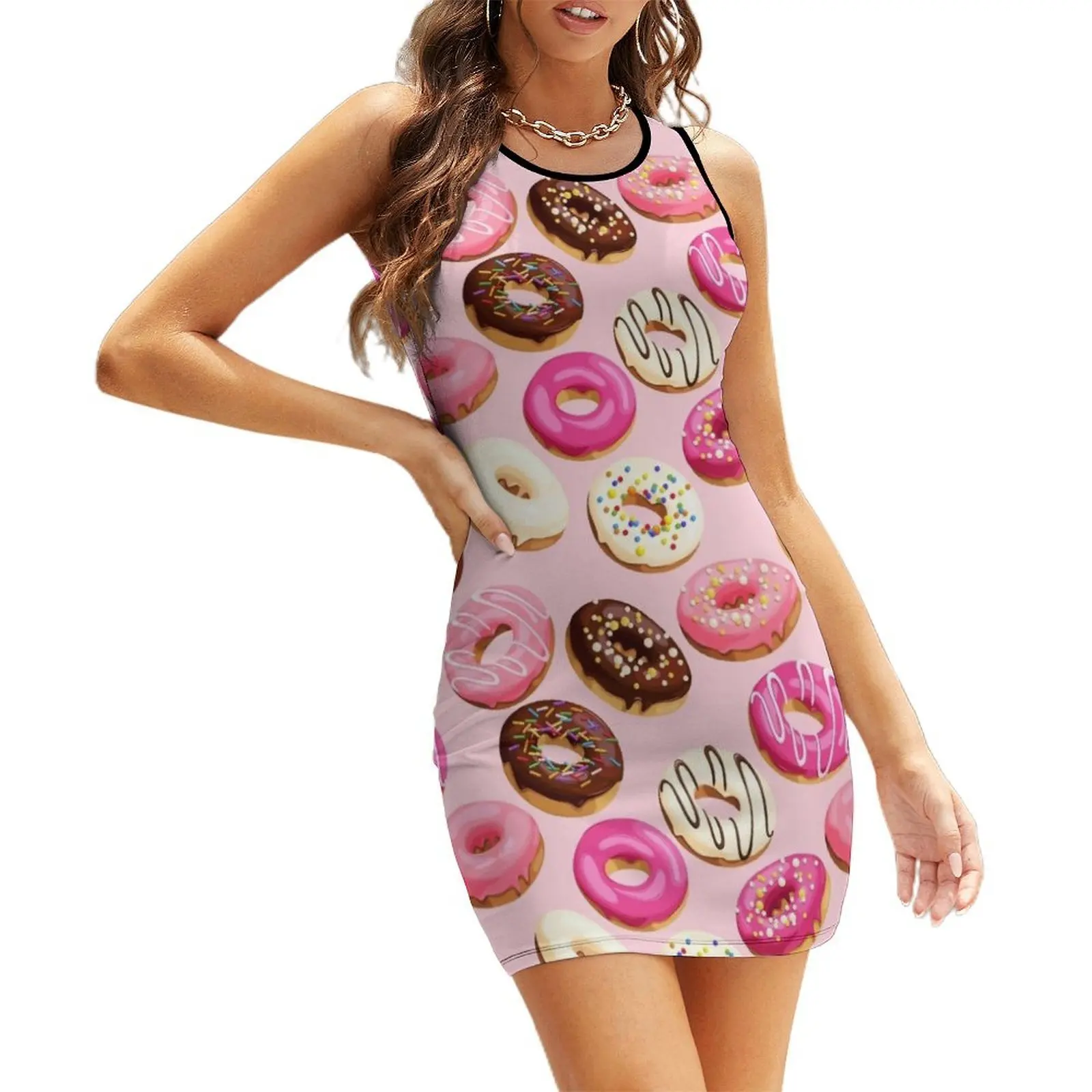 

Pink Delicious Retro Donuts Sleeveless Sundress women clothes party dress women elegant luxury women's luxury party dress