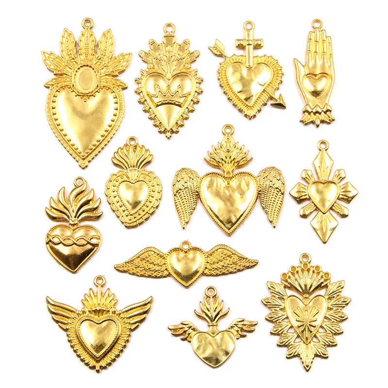 10pc Religious Copper Pendant Gold Color Heart Enamel Clear Cubic Zirconia Charms DIY Necklace Bracelets Jewelry Findings