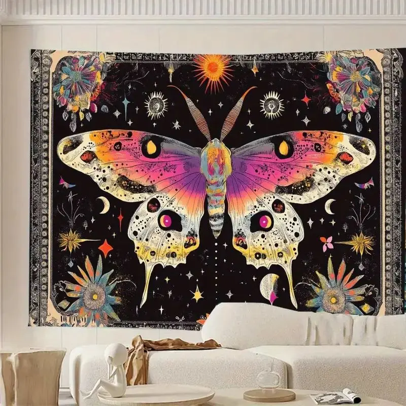 VIKAMA Boho Moth Tapestry Colorful Celestial Butterfly Sun Moon Stars Floral Black Background Wall Hanging Witchy Wall Art Decor