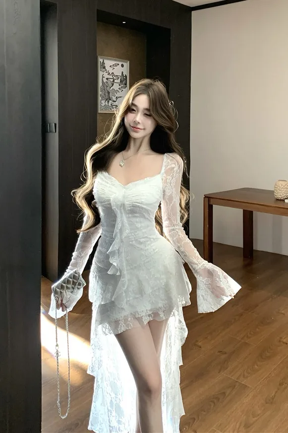고스 패션 Fairycore 레이스 플레어 슬리브 v 넥 a 라인 드레스 Sweet E-girl 불규칙한 롱 밑단 드레스 Cyber ​​Y2K Party Vestido