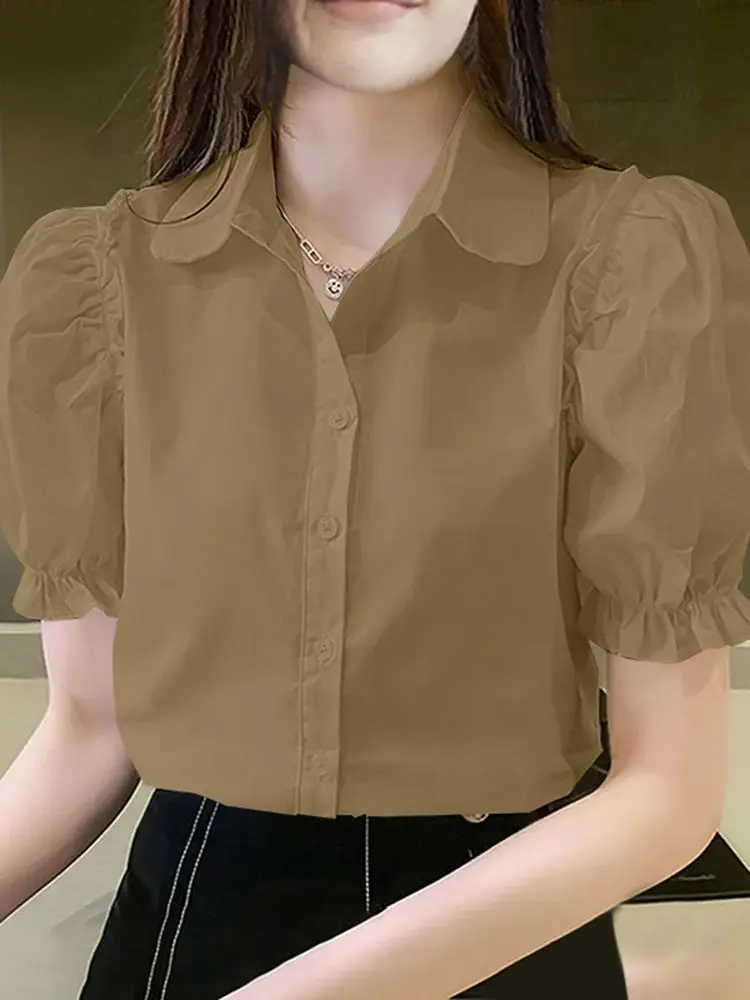 

Women Shirts 2024 VONDA Fashion Tunic Summer Tops Casual Solid Color Blouses Short Puff Sleeve Lapel Loose Elegant Blusas Femme