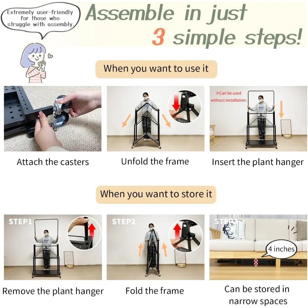 Foldable 4-layer Plant Rack with Wheels, Indoor and Outdoor Suspended Rack, Sturdy Storage Rack, Anti Drop