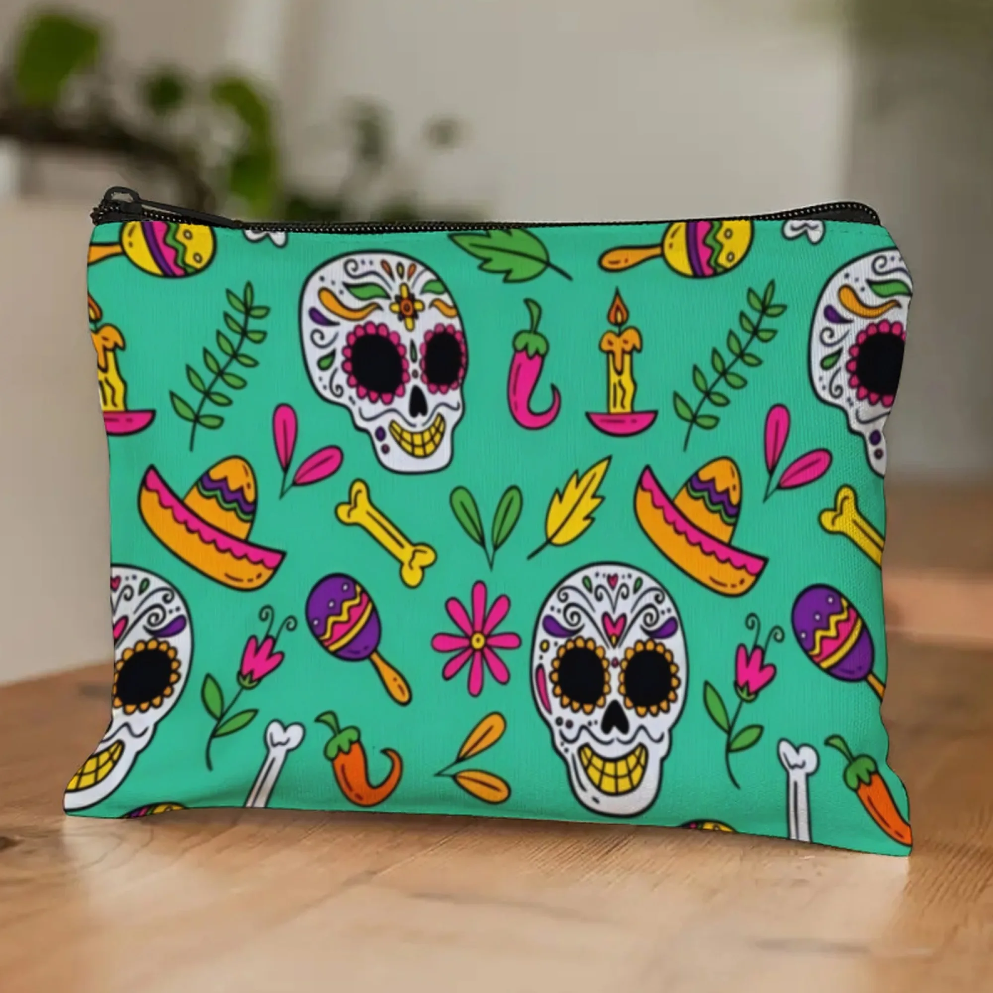 Bolsa de cosméticos mexicana vibrante del Día de los Muertos, estampado colorido de calavera de azúcar y Fiesta de caléndula, ligera para almacenamiento diario de maquillaje
