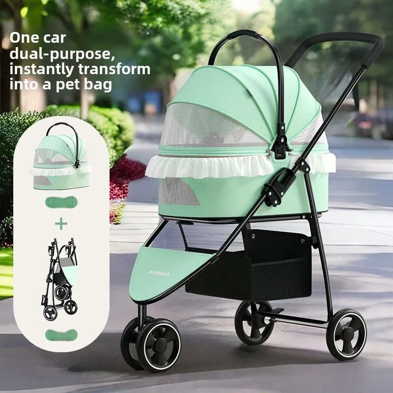 Small and Medium-sized Pet Cart Cat and Dog Cart Light and Detachable Foldable Lace Decorative Cat Pet Stroller