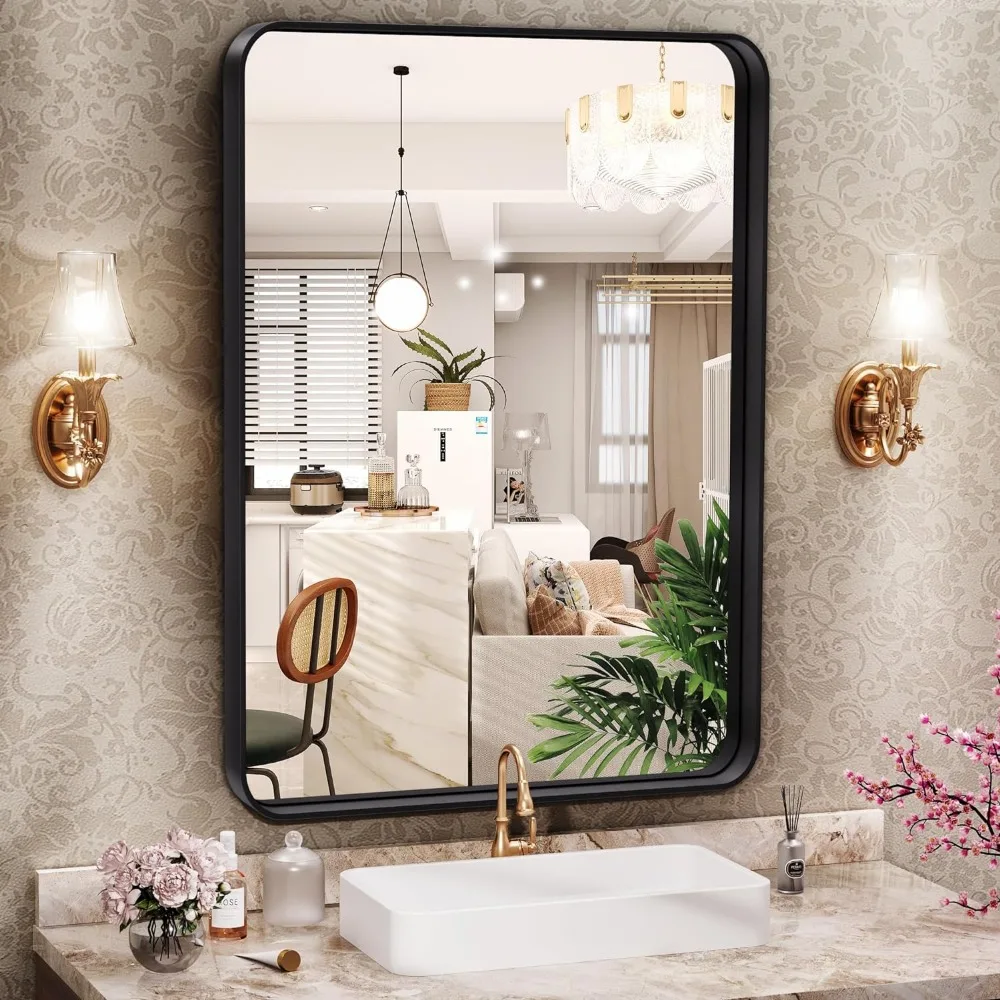 Specchio da parete da 24 pollici da 20 pollici per bagno, specchi da bagno rettangolari con struttura in metallo nero, specchio da trucco moderno a parete per bagno
