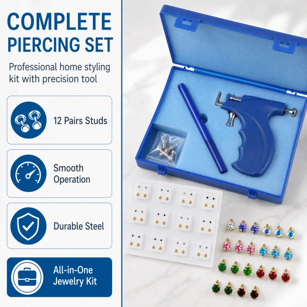 3mm/4mm TOP Ear Piercing Tool Kit Stainless Steel Stars Rhinestone Stud Earrings Minimalist Rhinestone Inlay Ear Piercing Tool