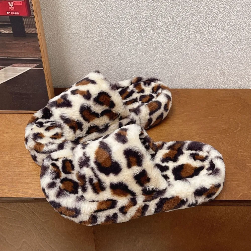 Female Household Slippers Leopard Print Slippers Women Winter Cross Shaped Thick Sole with Exposed Toes Plush Slippers for Women