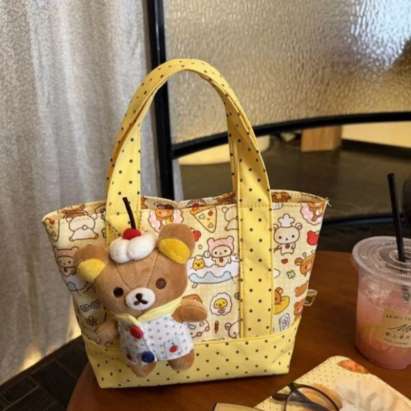 Bolso de mano amarillo Rilakkuma con diseño de lunares y cremallera, bolsa de almacenamiento para cosméticos de viaje, bolsa para taza de agua, bolsa Bento, regalo de cumpleaños para niña