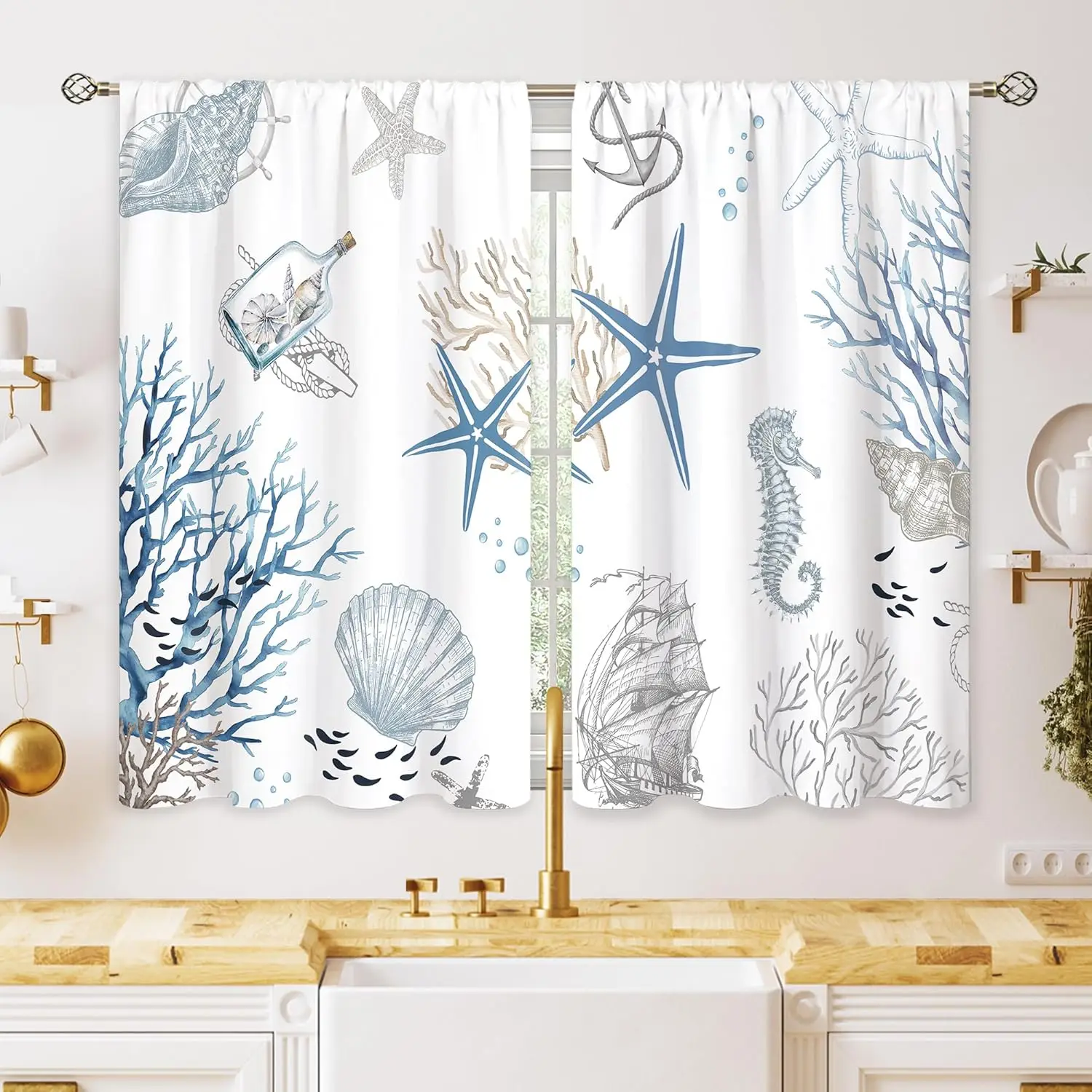 Blue White Nautical Ocean Coastal Marine Life Starfish Seashell Print Curtains 2pcs Window Drapery Panels for Beach Decor