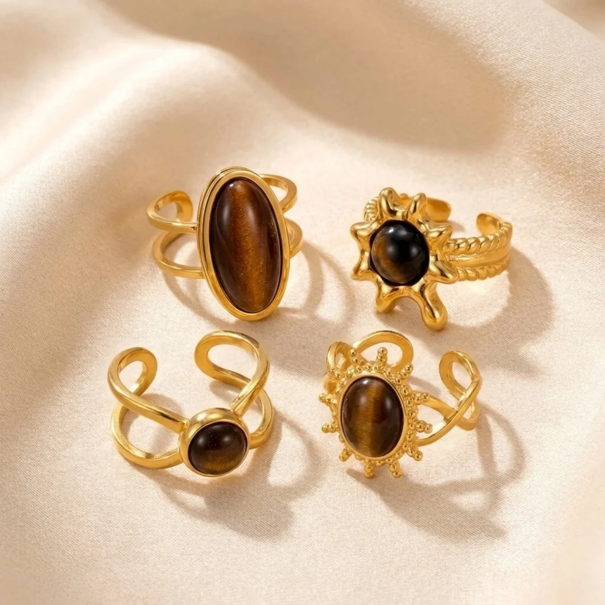 Vintage Maillard Tigerauge-Stein Ovaler Lava-Sonnen-Fingerring für Damen und Herren, Edelstahl, hohler geometrischer Ring, Herbstschmuck – Detail 18