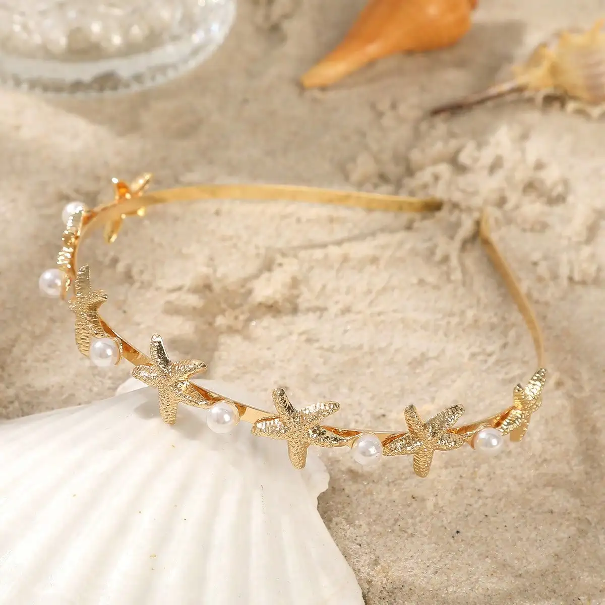 

1Pc Women's French Luxury Starfish & Pearl Headband, Gold & Silver Double-Tone Ocean Style, Elegant Hair Accessory For Beach Vacation / Wedding & Party / Daily Wear