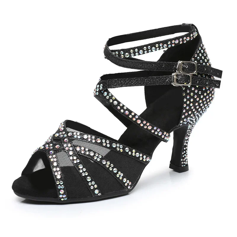 Women's Rhinestone Latin Dance Shoes, Latin Sauce Training Shoes, Black Bright Soft Sole Professional Dance Shoes for Girls and