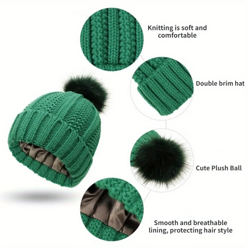 Soft Satin Lined Beanie With Pom Solid Color Knit Hats Breathable Cuffed Beanies Elastic Skull CapForWomen Girls Autumn & Winter