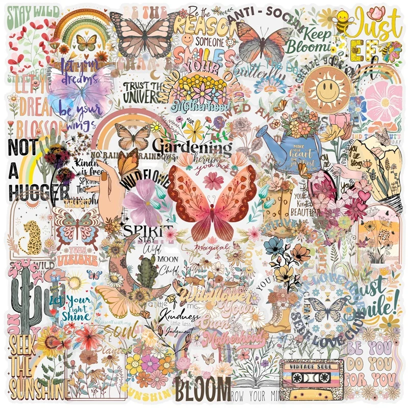 

50PCS Cartoon Butterfly Flower PET Sticky Sticker Aesthetic Tear Open DIY Decoration Scrapbooking Stationery Supplies for Kids