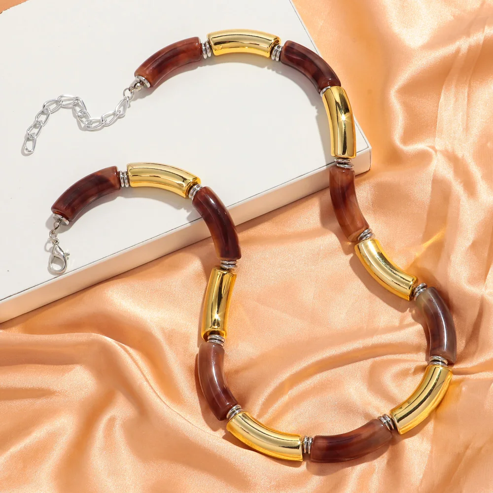 Neue klobige Bambus gebogene Röhre Acryl Halsband Halskette Männer Frauen bunte große Ellenbogen Stapel Halskette trendige Schmuck Collier Geschenk – Detail 9