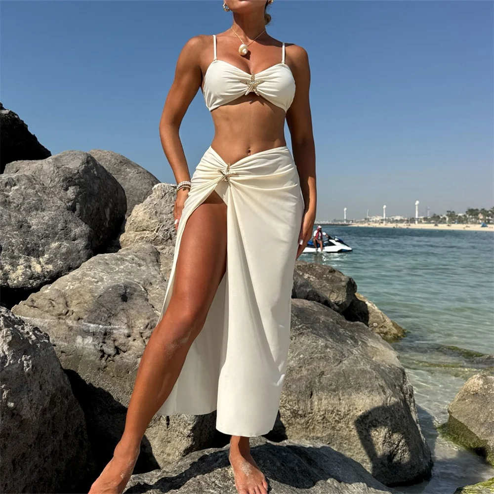 

Сексуальное бикини со звездами и открытой спиной, бандажное длинное платье, купальник из трех предметов, женская пляжная одежда, наряд для отпуска, купальный костюм, бикини