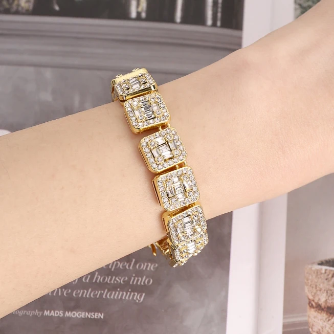 13mm alloy full-crystal rhombus Cuban chain men's double-row four-sided hip-hop necklace jewelry
