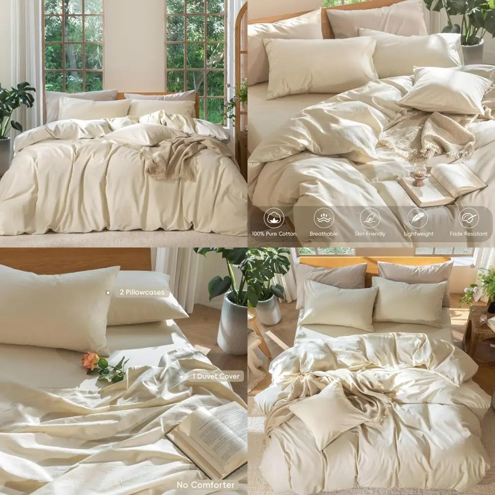 

100% Cotton Linen Texture Duvet Cover Set - Breathable, Durable, Soft & Comfortable - Heathered Almond Milk Grey Bedding