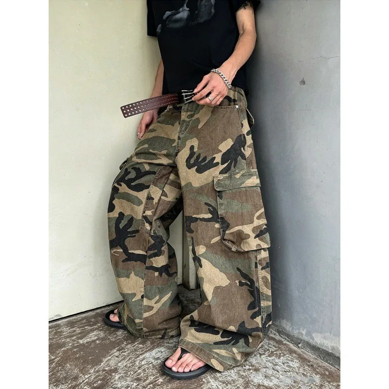 Calças de Trabalho Camufladas de Verão, Jeans Largos e Soltos com Bolsos Grandes, Estilo Vintage para Homens e Mulheres
