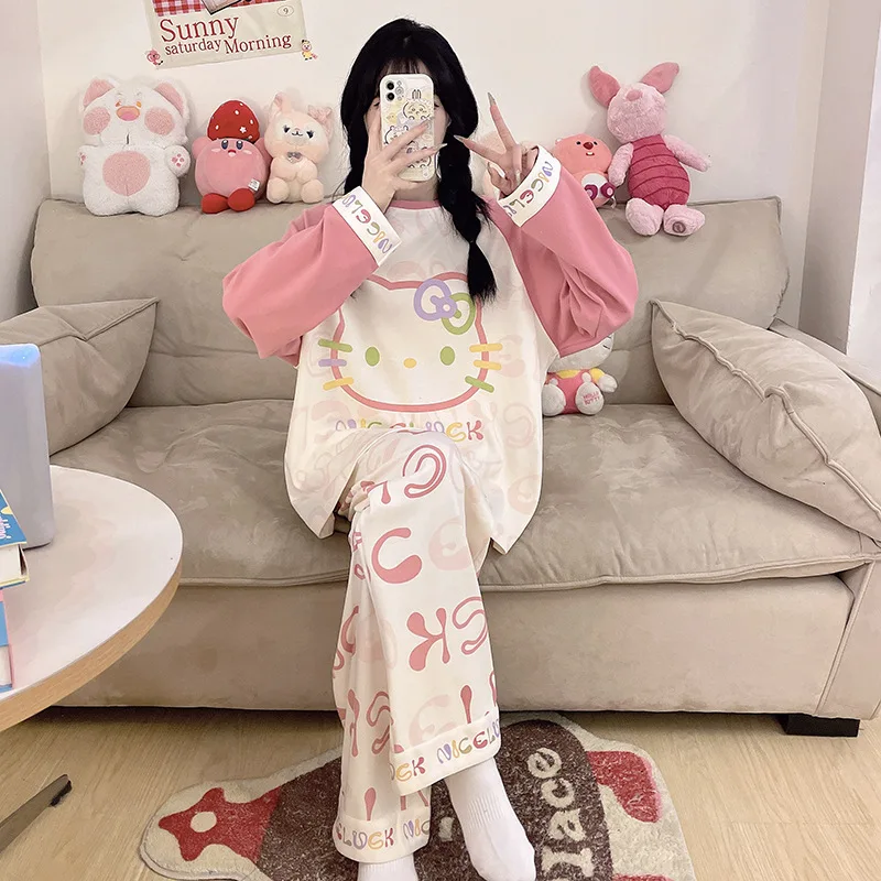 

Cartoon Female Cotton Pajamas Suit Sanrio Hello Kiity Spring Autumn Cute Girls Long Sleeves Pants Large Size Lounge Clothes Suit