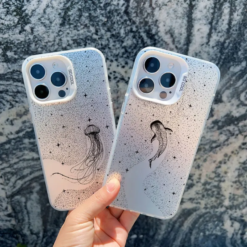 Ocean Animal Cute Dolphin Sea Turtle Painting Phone Case For Iphone 17 16 14 15 12 13 Pro Max Plus 13 Mini 11 White Laser Cover