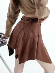 Vintage Streetwear Winter Mini Skirt Women Irregular A-line Y2K Retro Suede Ruffled Skirts With Shorts Brown Black Falda Short