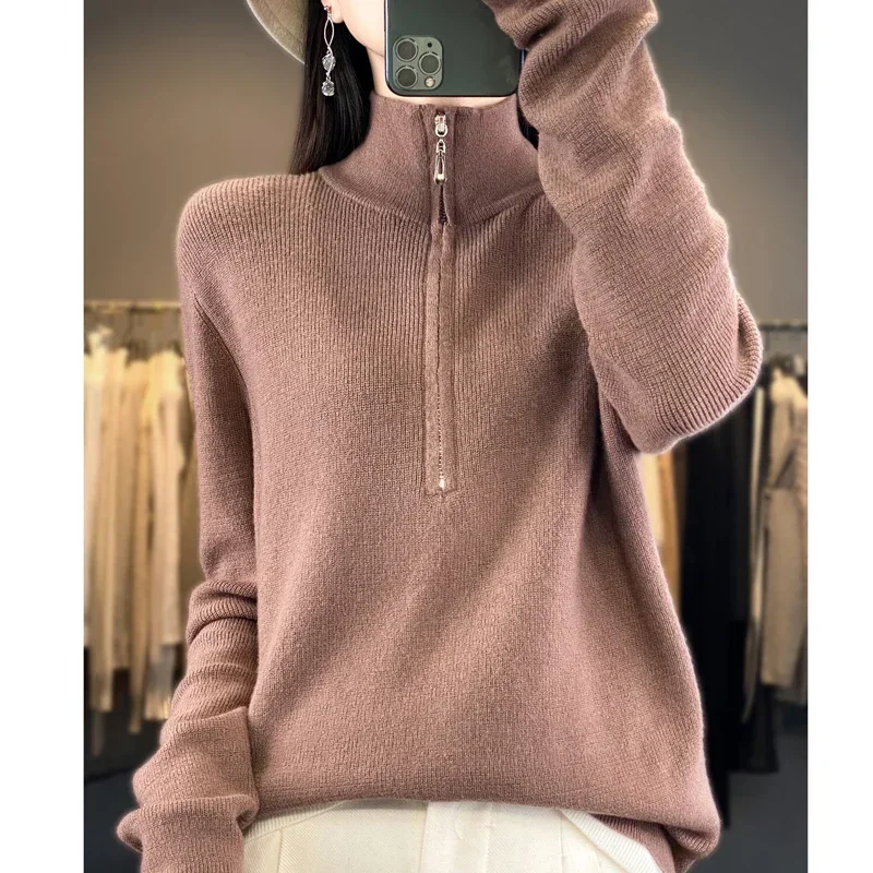 Women Sweater Zipper Half Open Collar High Quality Autumn Winter Loose Casual Turn-Down Collar Pullover Cashmere Knitwear Tops