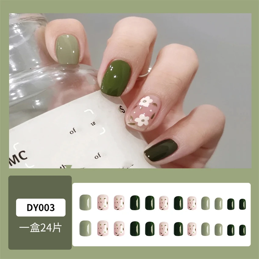 24Pcs/Set Cute Playful Fresh French Wearing False Nails Full Coverage Adhesive Press on Nails Removable Acrylic Fake Nail Art