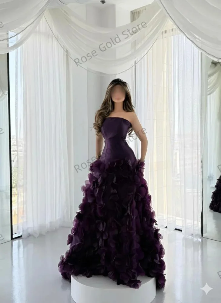 ชุดราตรีสีม่วงสวยหรู ทรงเอไลน์ สายเดี่ยว ประดับดอกไม้ ชุดราตรีแบบสั่งตัด สง่างาม สำหรับงานเลี้ยง งานพรอม พร้อมชายกระโปรงยาว