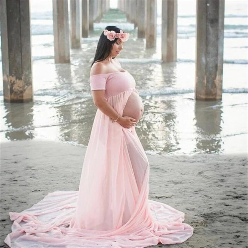 Pregnant Women's Dress European and American Sexy One Neck Short Sleeved Chiffon Trailing Maternity Photography Dress