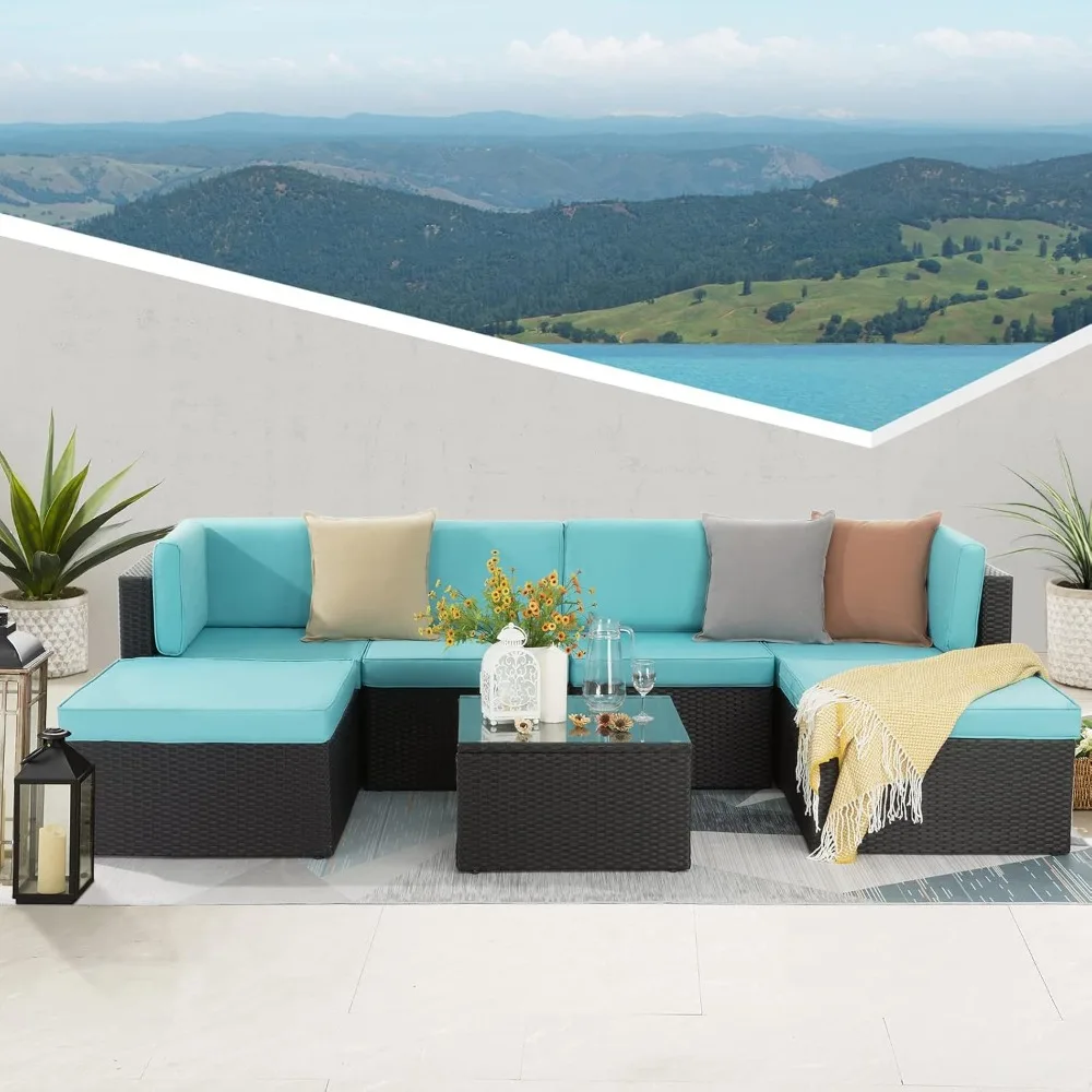 7 Piece Patio Furniture Set, Outdoor Sofa, Patio Parlor Set with Washable Cushions and Glass Table with Rattan Wicker Sofa