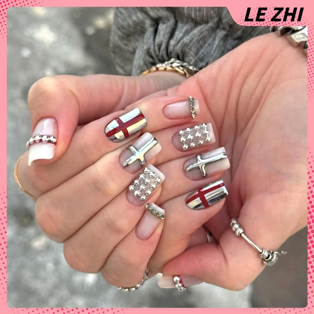 Y2K Spice Girls 10Pcs Handmade Gothic Punk Press On Nails Art Square Nude Color Metal Letter Design False Nails Customized Gifts