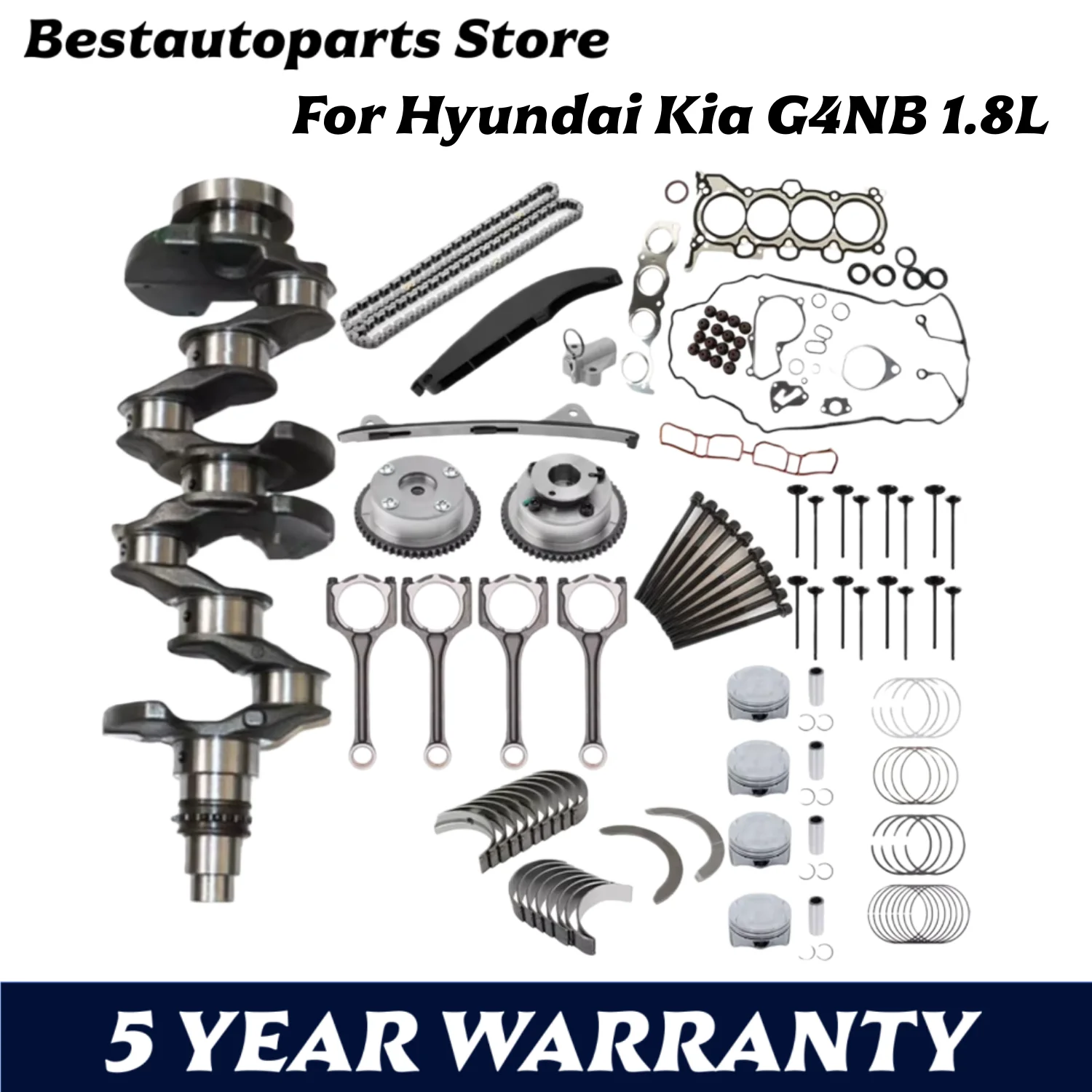

G4NB Engine Rebuild Timing Chain Kit Crankshaft Piston Gasket Bearing Valve Set Fit 1.8 T L GAS For 10-21 Hyundai Kia 1.8T 1.8L