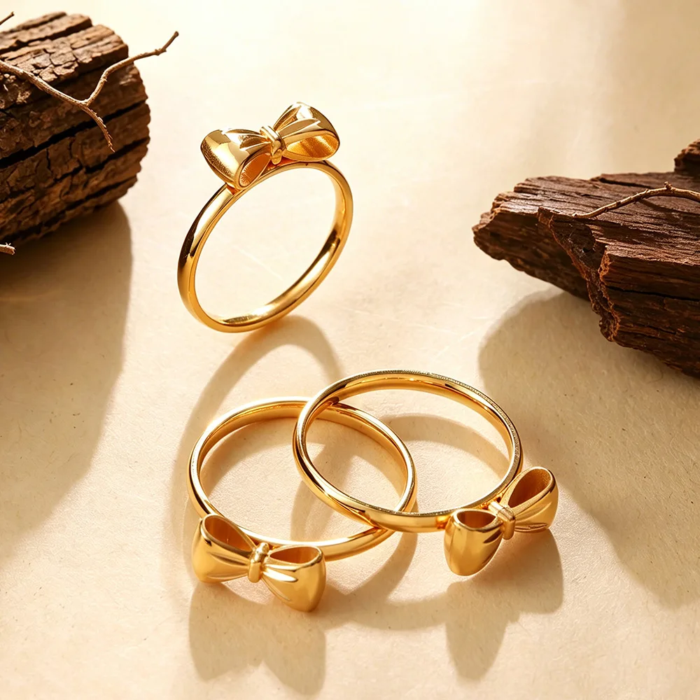 18K Gold Stainless Steel Bowknot Ring Women Minimalist School Bracelet Stackable Finger Jewelry for student gifts