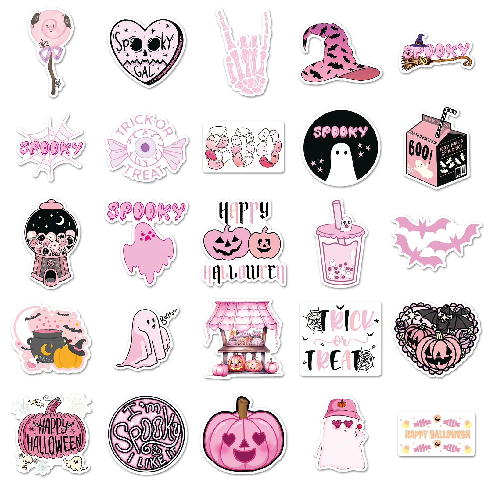 50PCS Rosa Halloween Aufkleber Niedliche Geister Cartoon Aufkleber Festliche Dekorationen Spielzeug Kühlschrank Laptop Gitarre Auto Fahrrad Graffiti Aufkleber