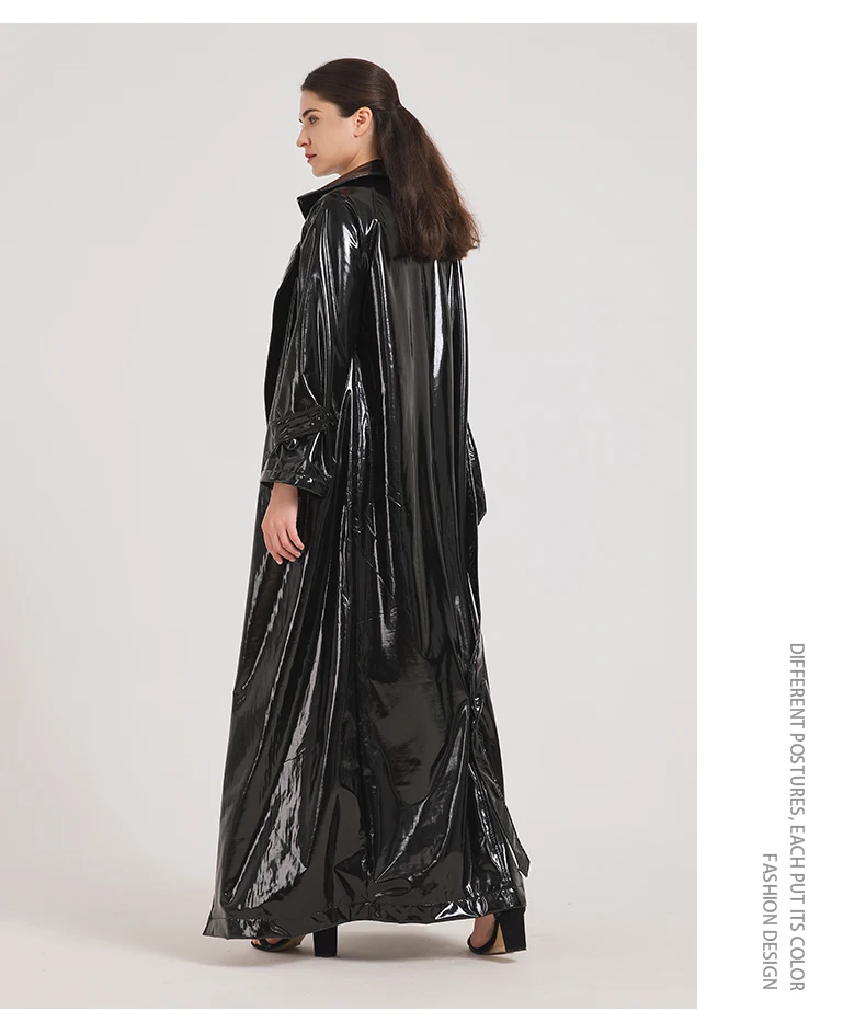 Lautaro Spring Autumn Black Shiny Reflective Soft Patent Leather Trench Coat for Women Luxury Designer Floor Length Clothes 2024