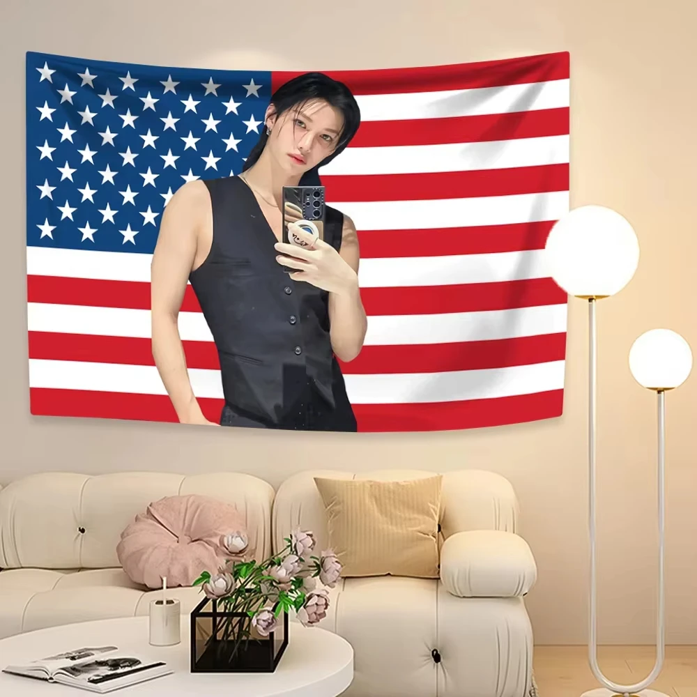 Felixs tapestry featuring a Kpop boy group member American flag background Korean idol home decor wall hanging concert banner