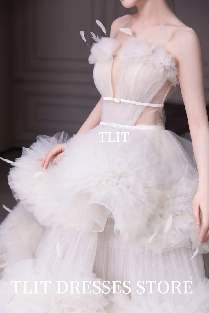 TLIT luxe tule gelaagde avondjurk Korea trouwjurk fotoshoot diepe v-hals fee veren prom jassen op maat