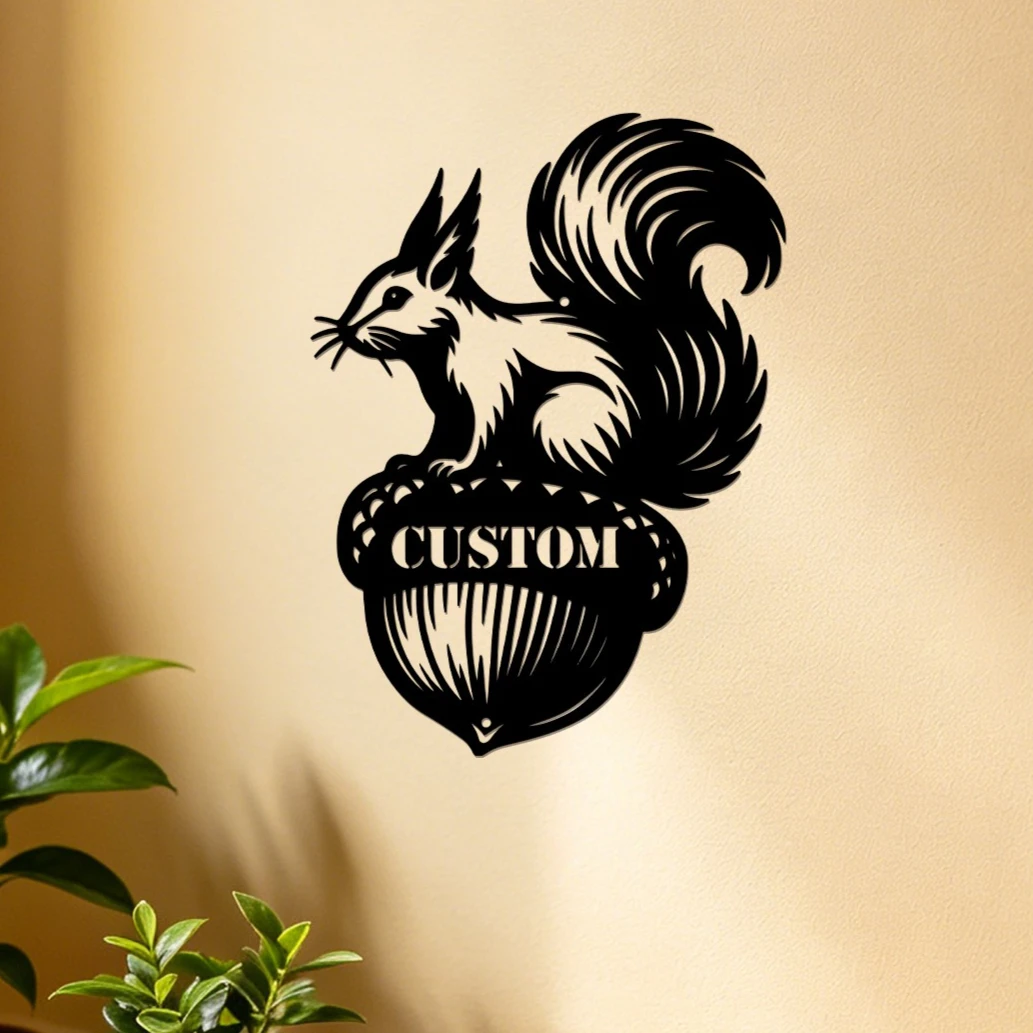 Personalized Squirrel Acorn Metal Wall Art, Custom Text Squirrel Nut Metal Sign, Home Living Room Garden Wall Hanging Decor Gift