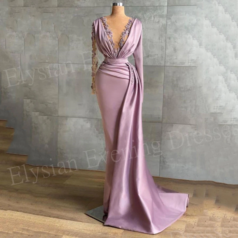 Gaun malam wanita putri duyung ungu menarik Modern gaun pesta Prom applique leher V lengan panjang gaun pesta Formal