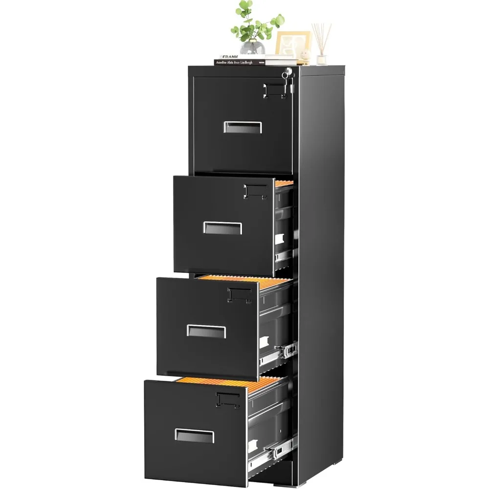 Archivador vertical de metal negro con 4 cajones bloqueables, colgante ajustable, gabinete de almacenamiento alto