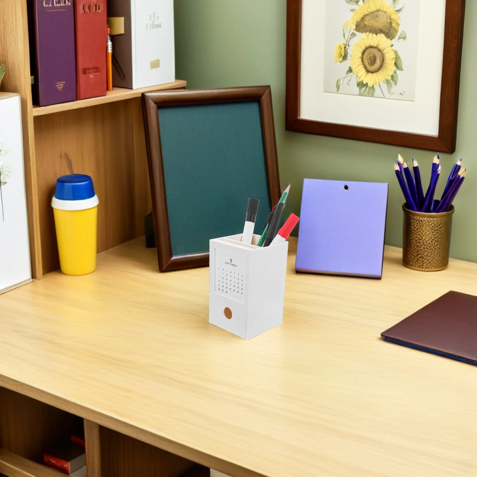 

1Set Multifunctional Desktop Pen Holder Calendar Plastic Pencil Cup Organizer Office School Makeup Brush Storage Stand