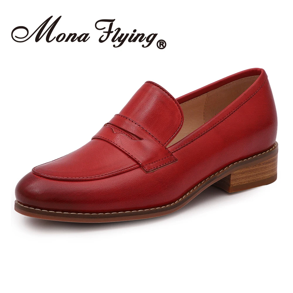 Mona Flying Women's Genuine Leather Penny Loafers Comfortable Slip on Dress Casual Flats Office Work Shoe for Ladies A068-G10